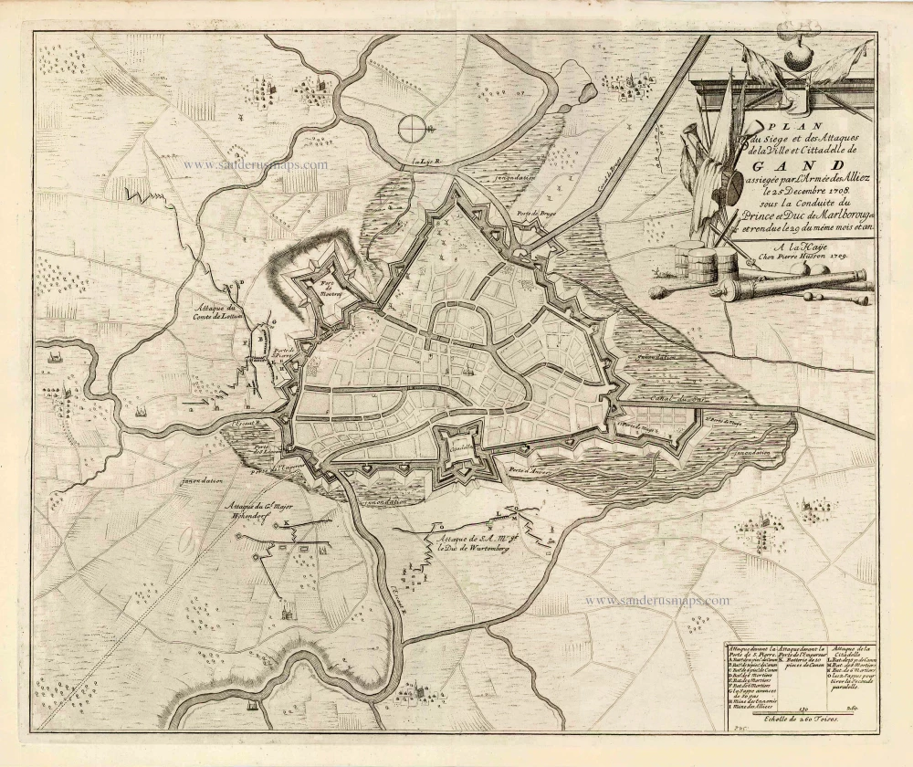 Plan du siège et des attaques de la ville et citadelle de Gand assiégée par l'armée des alliez le 25 décembre 1708.