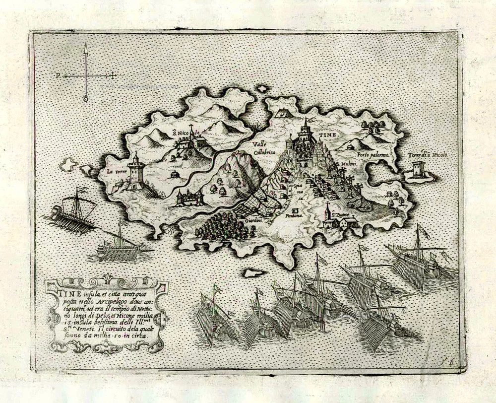 Tine insula et citta antiqua posta nello Arcipelago dove antiquam.e vi era il tempio di Nettuno, longi di Delos, et Micone ...