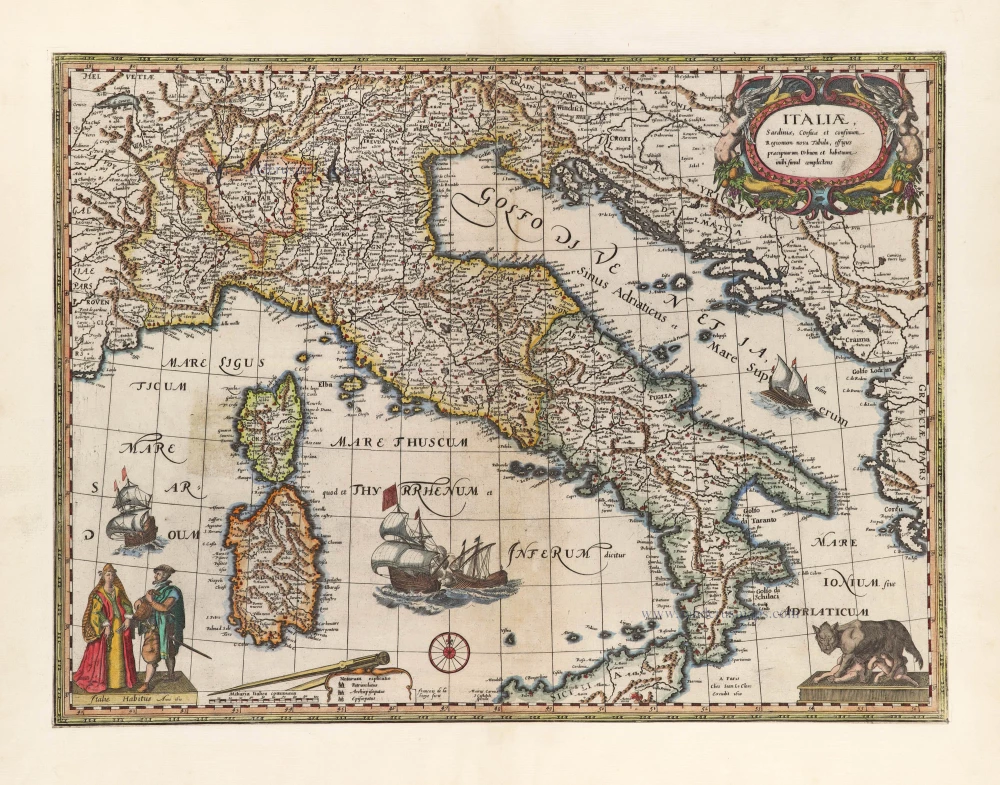 Italiae, Sardiniae, Corsicae et confinium Regionum nova Tabula, effigies praecipuarum Urbium et habituum inibi simul complectens.
