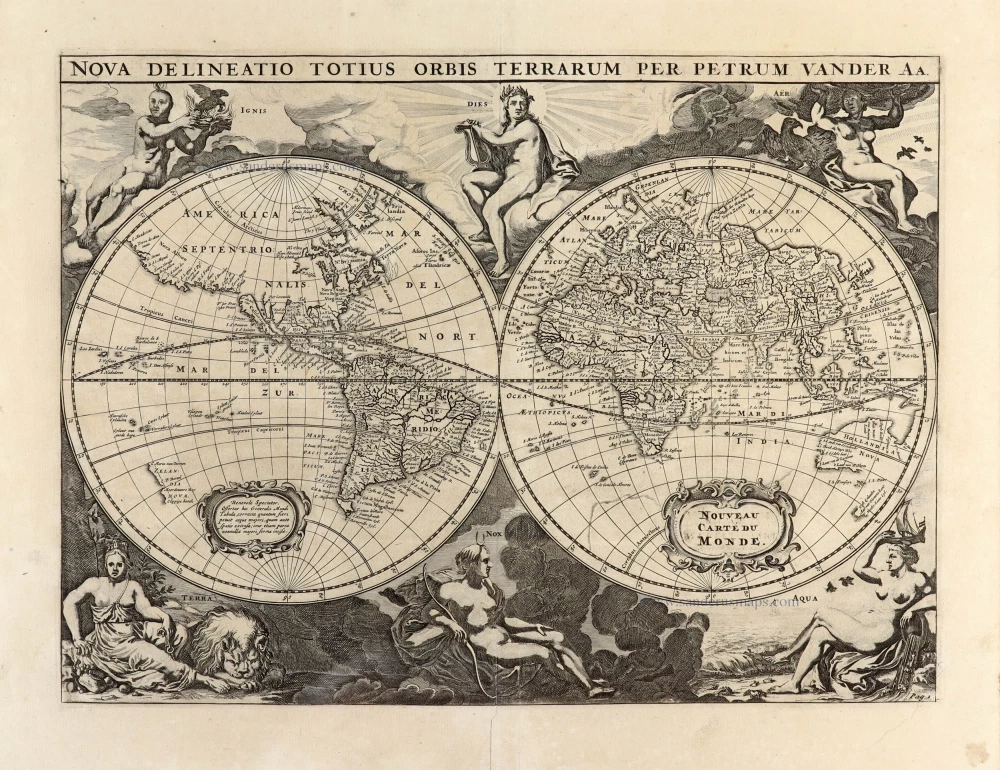 World - double hemisphere, by Pieter Van der Aa. | Sanderus Antique ...