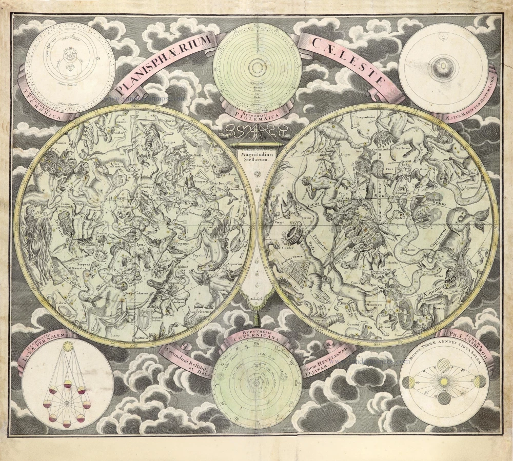 Double hemisphere celestial map by Homann Heirs. | Sanderus Antique ...