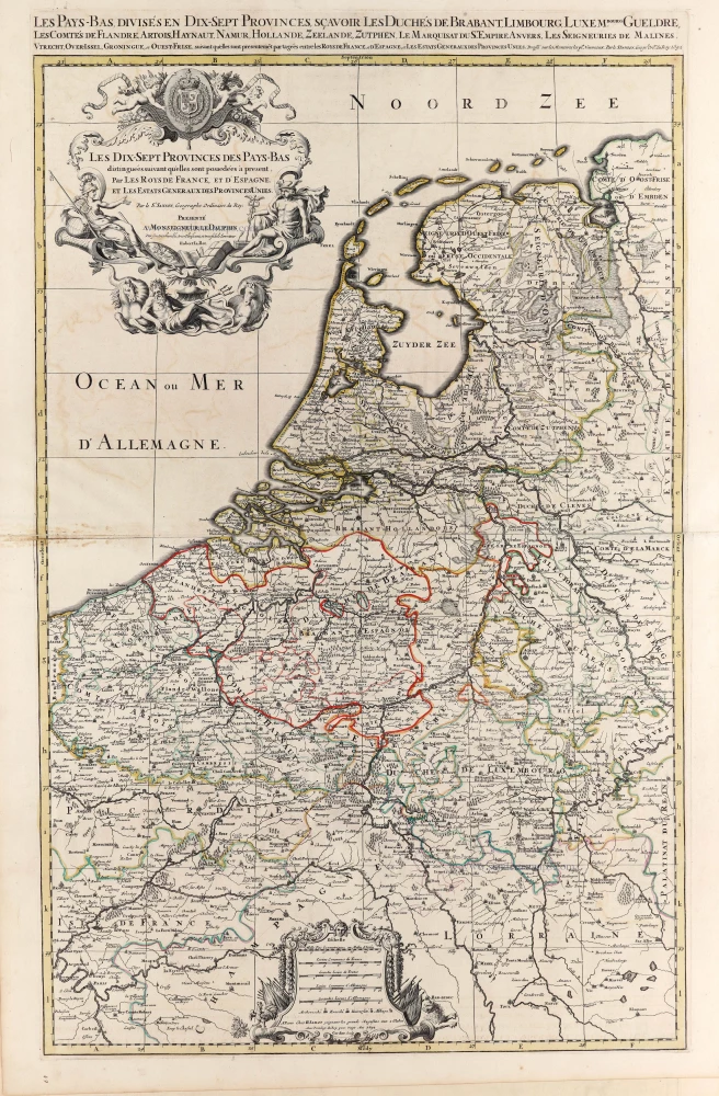 Les dix sept provinces des Pays Bas distinguées suivant qu'elles sont possedées a present par les Roys de France et d'Espagne et les Estats Generaux des Provinces Unies.