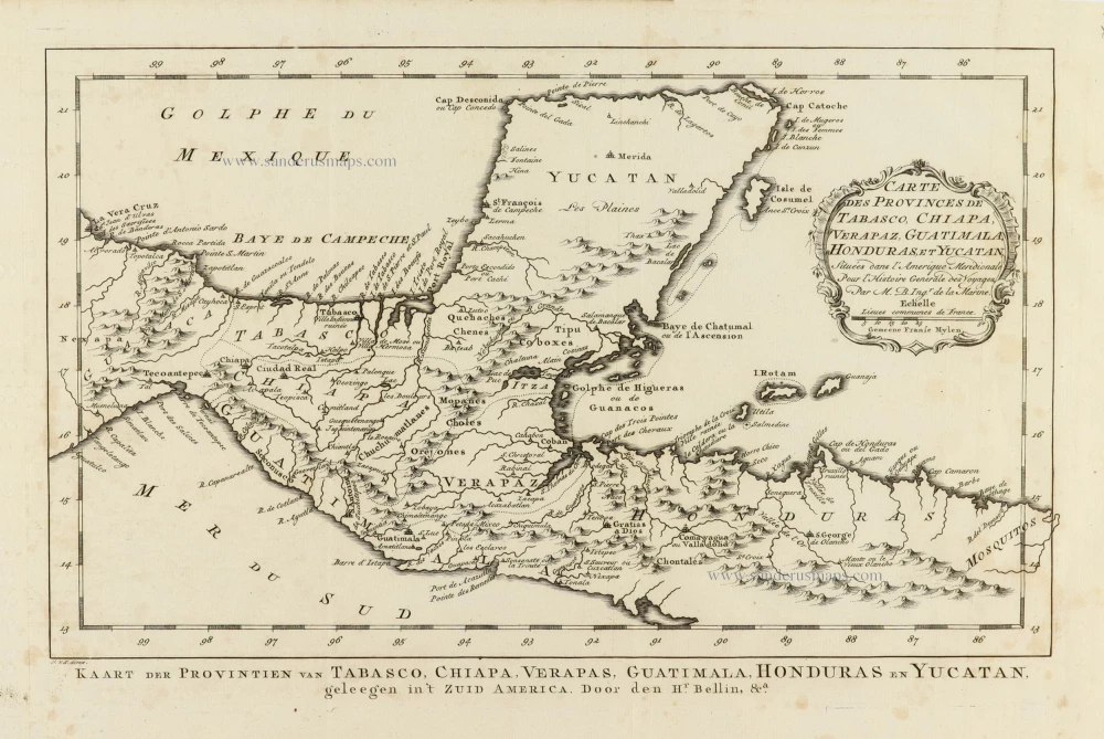 Carte des Provinces de Tabasco, Chiapa, Verapaz, Guatimala, Honduras, et Yucatan, Situées dans l'Amerique Meridonale.