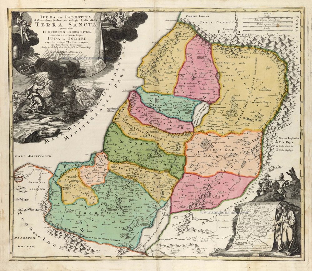 Iudaea seu Palaestina ob Sacratißima Redemtoris vestigia hodie dicta Terra Sancta prout olim in Duodecim Tribus Divisa separatis ab Invicem Regnis Iuda et Israel expreßis insuper VI ultimi temporis ejusdem Terrae Procinciis.