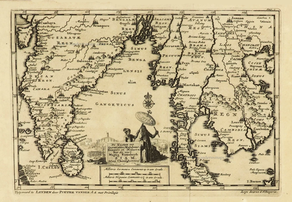 De Kusten van Guzaratte, Malabar, Bengale en Malacca met die van't Magtig Koninkryk Siam, tot aan China bestevend.