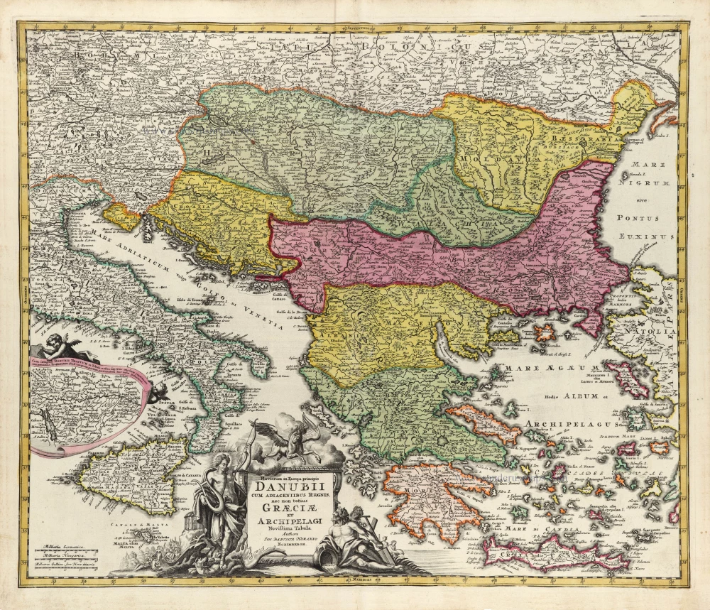 Fluviorum in Europa Principis Danubii cum adiaceniibus Regnis, nec non Totius Graeciae et Archipelagi Novißima Tabula.