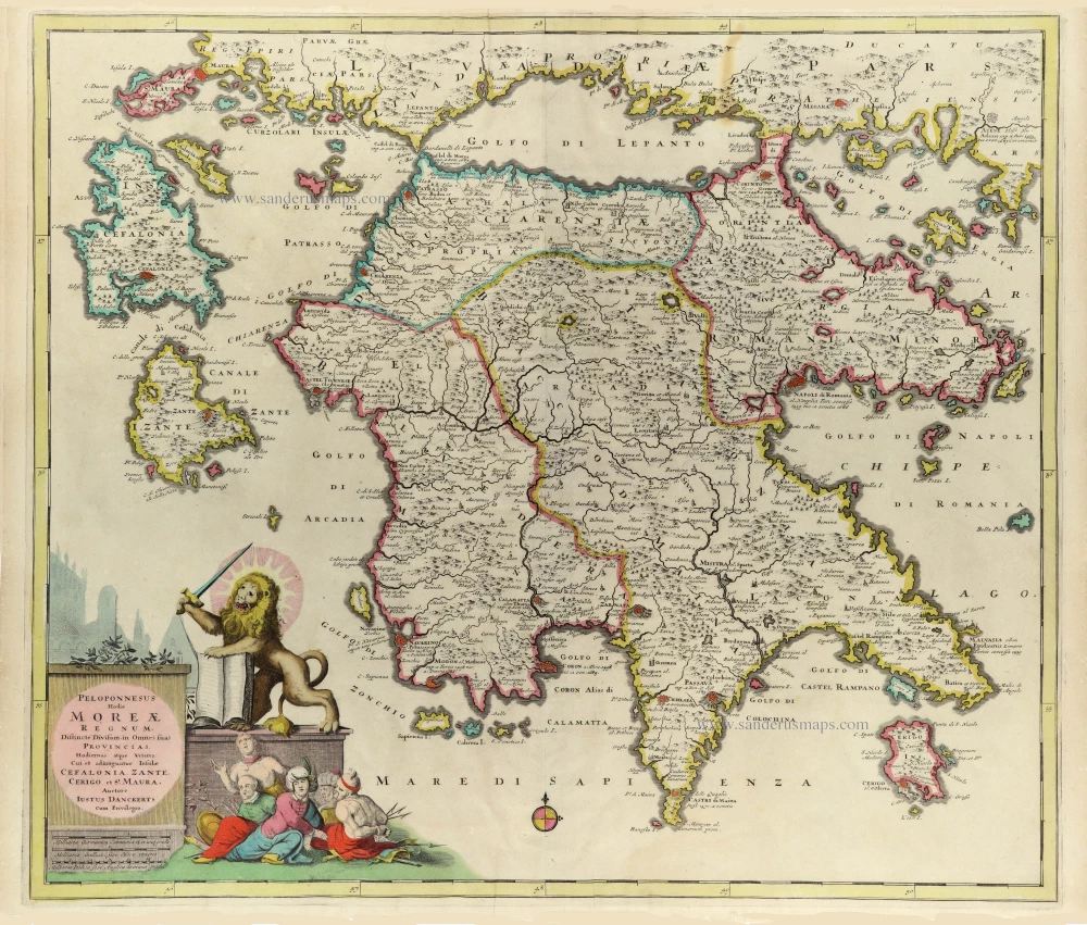 Peloponnesus hodie Moreae Regnum Distincte Divisum, in Omnes suas Provincias, Hodiernas atque Veteres, cui et Adiunguntur Insulae Cefalonia, Zante, Cerigo et St. Maura.