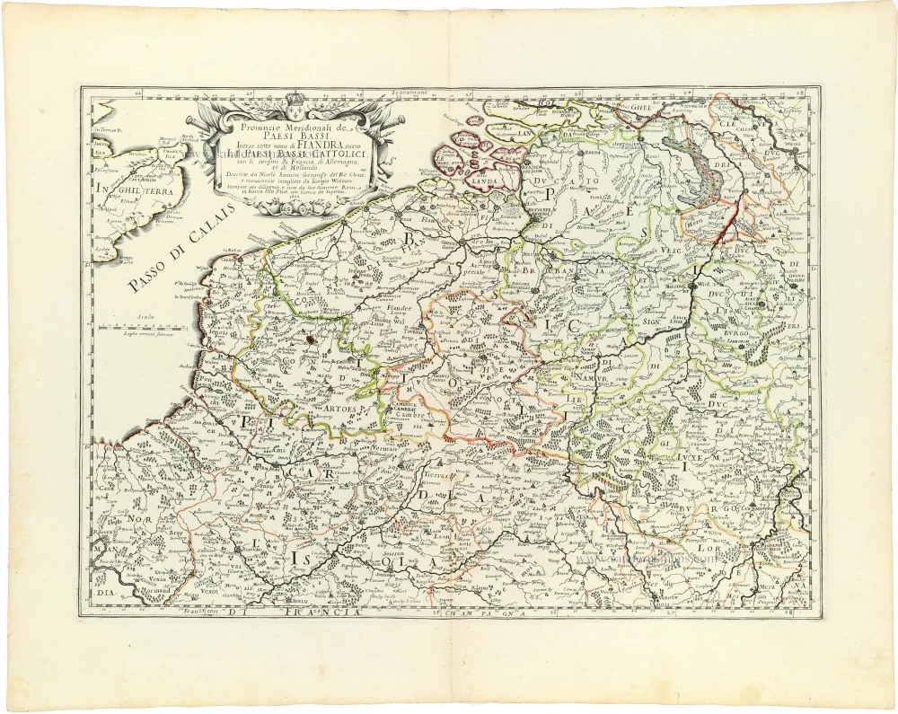 Southern Netherlands (Zuidelijke Nederlanden) by Nicolas Sanson, published by Giovanni Giacomo de Rossi.