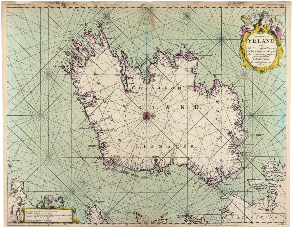 Pas-caerte van Yrland, met Alle Zee-custen, Havenen, Ancker-plaetsen en droogten, daer rontsomme gelegen.